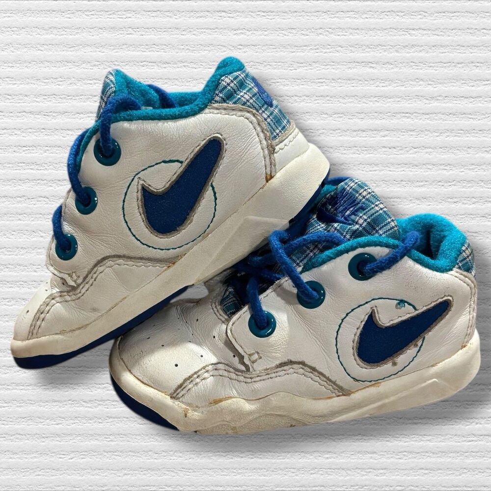 Vintage Nike Toddler 4 Sneakers Blue Plaid Leather Y2K 2000s Kids Shoes